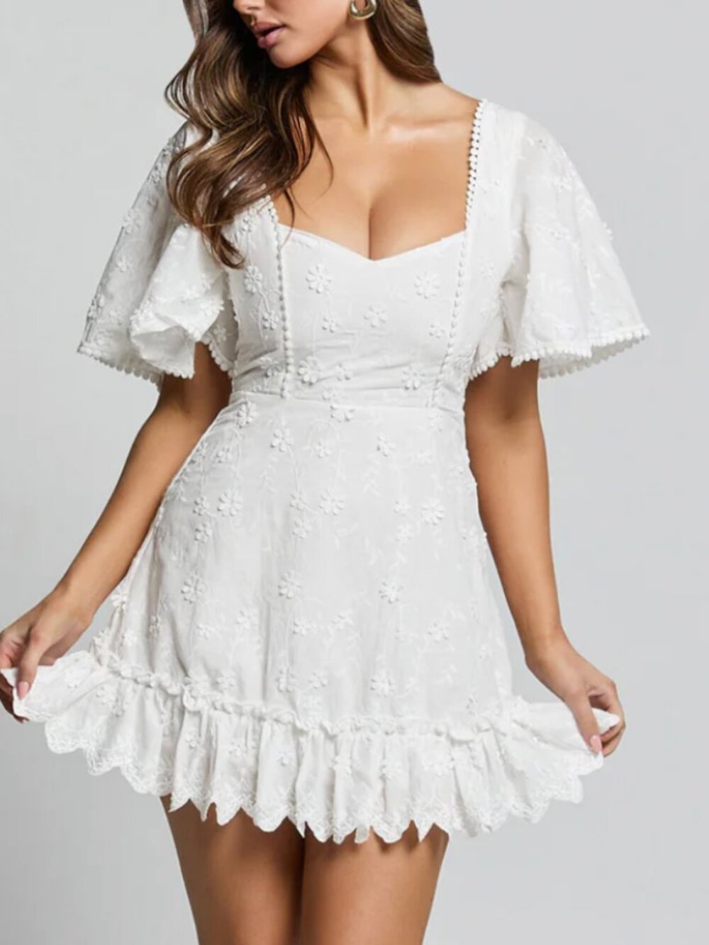 Showpo Fancy A Spritz White Eyelet Floral  Mini Dress Square Neck Ruffle Size 14